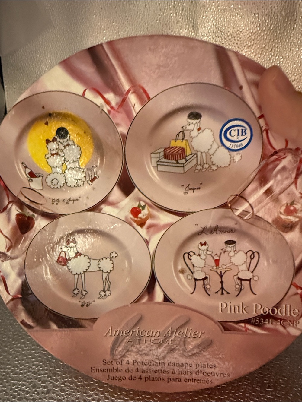 NWT Vintage American Atelier Pink Poodle Porcelain Canapé Plate Set of 4